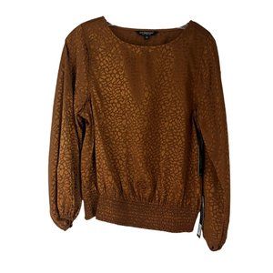 Liverpool Bronze Animal Jacquard Crewneck Long Sleeve Smocked Top X-Small XS